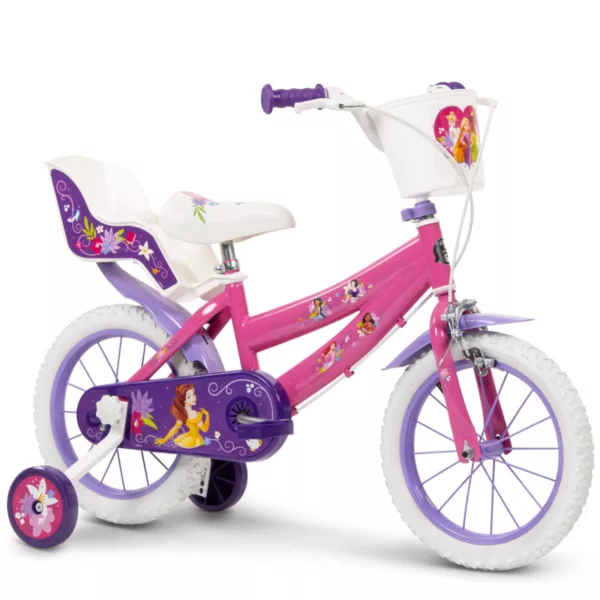 Детски велосипед 14 инча Disney Princess Huffy розов с лилави гуми и помощни колела за момиче