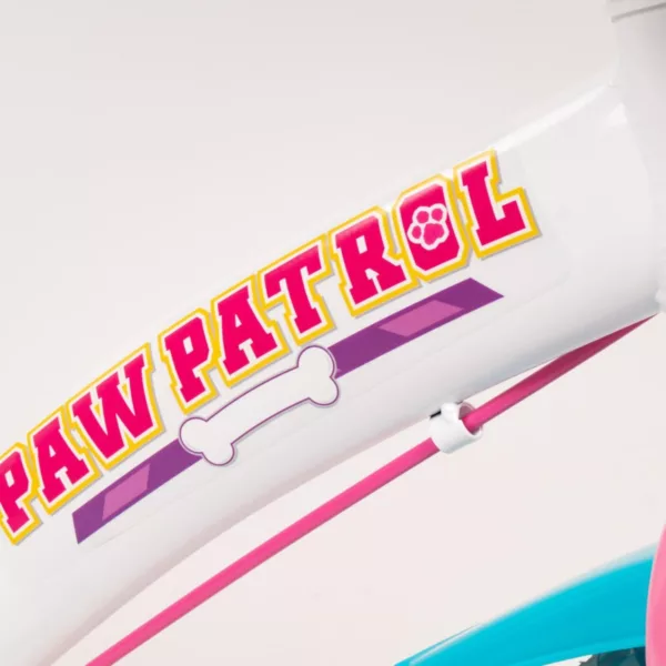 Детски велосипед Paw Patrol 14 инча бяла рамка с цветен надпис и розови детайли