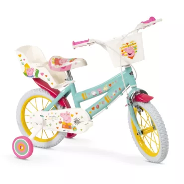 Детски велосипед 14 инча Peppa Pig Huffy зелен с помощни колела и седалка за кукла