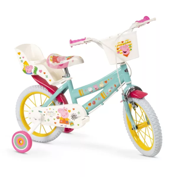 Детски велосипед 14 инча Peppa Pig Huffy зелен с помощни колела и седалка за кукла