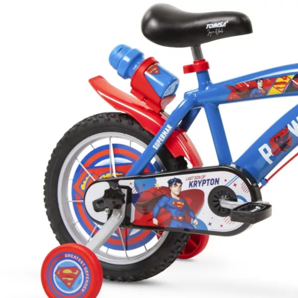 Детски велосипед 14 инча Superman Huffy син с помощни колела бутилка и протектор верига