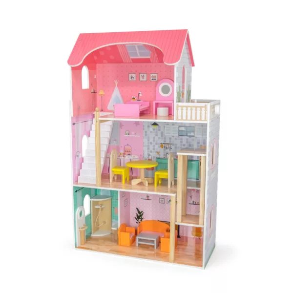 Голяма дървена къща за кукли Барби VIGA Toys с розов покрив и мебели