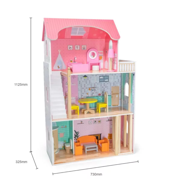Триетажна дървена къща за кукли Барби VIGA Toys с размери и асансьор