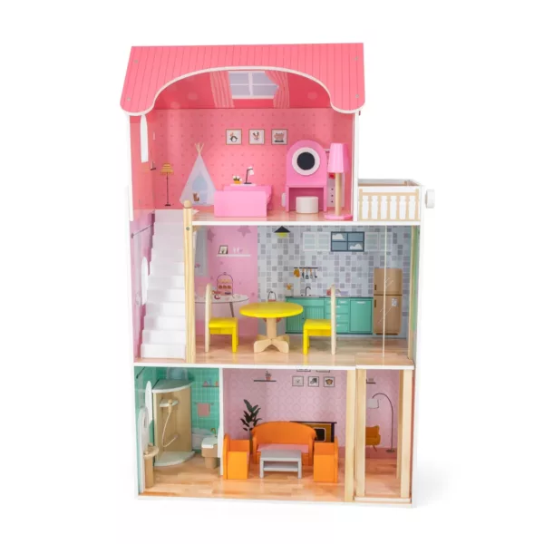 Розова дървена къща за кукли VIGA Toys с мебели, тераса и асансьор