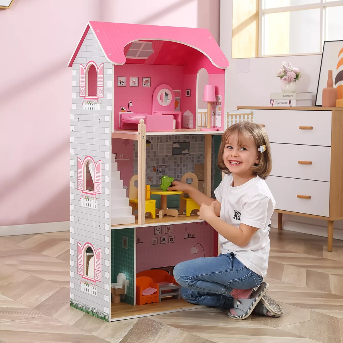 Дървена къща за кукли VIGA Toys с три етажа, мебели и асансьор