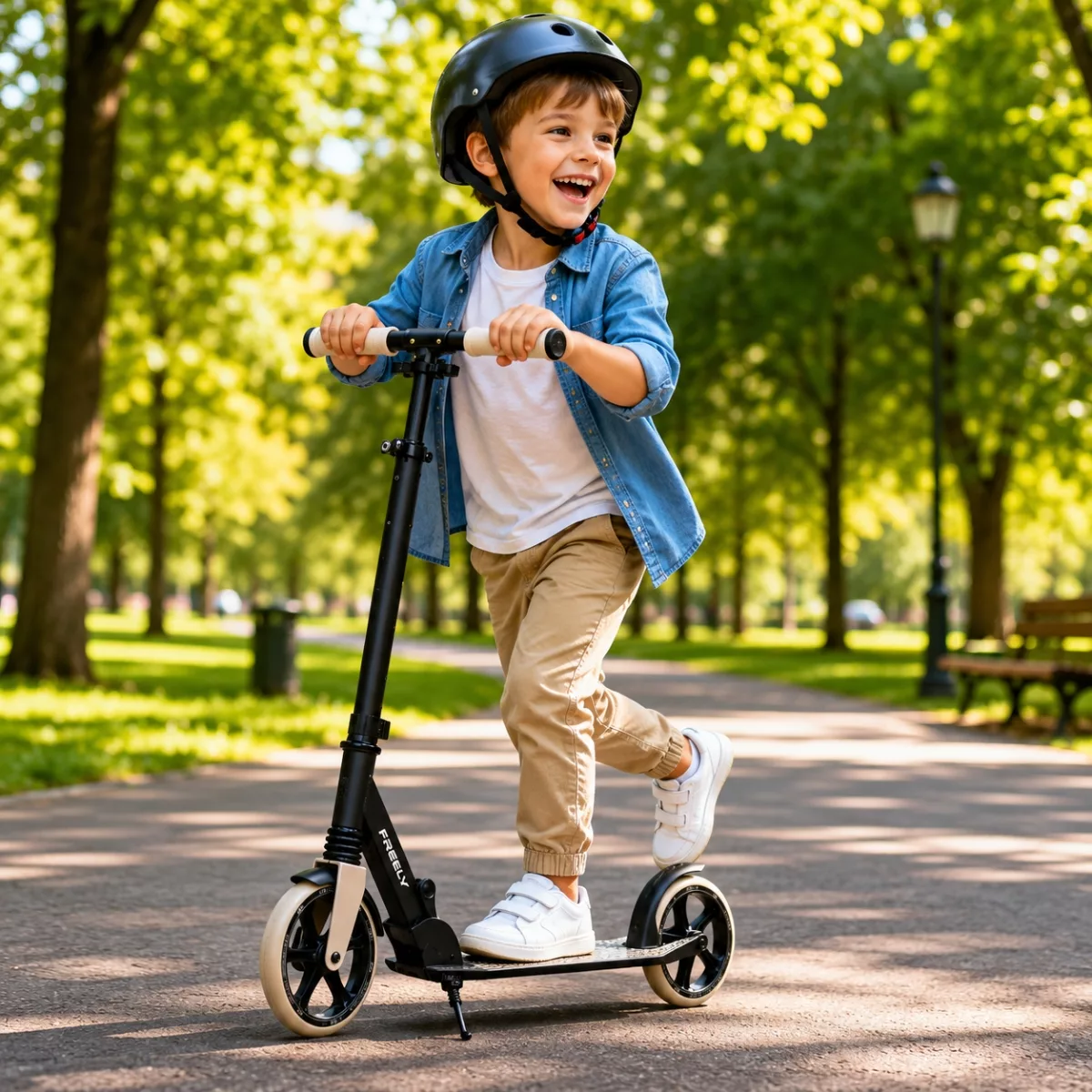 Момче с каска кара сгъваема тротинетка Kinderkraft FREELY Beige в зелен парк