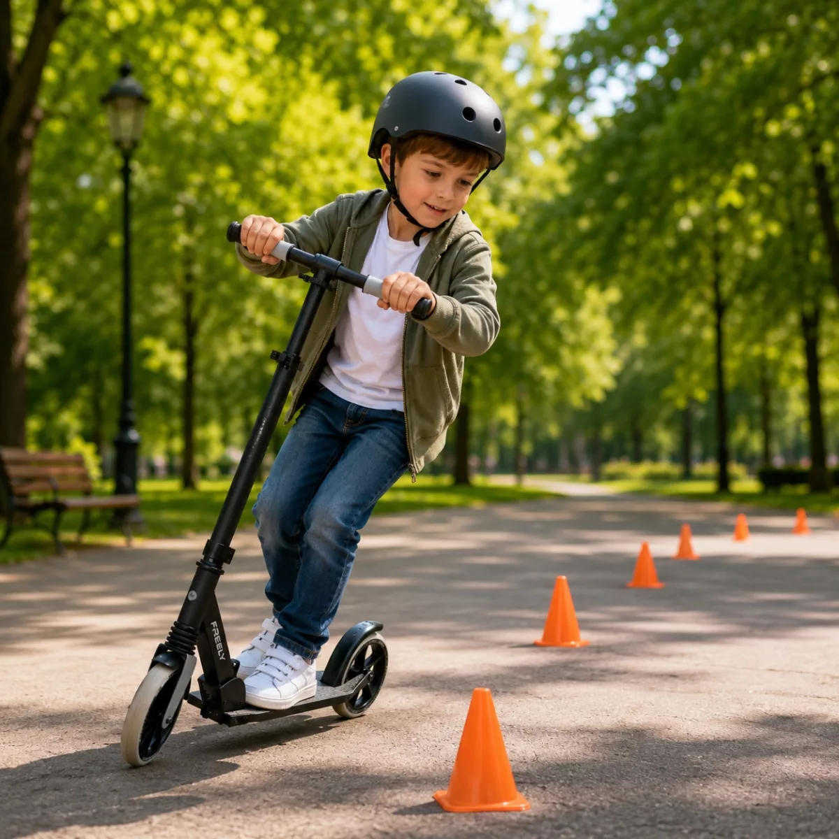 Момче кара тротинетка Kinderkraft FREELY Black между конуси в зелен градски парк