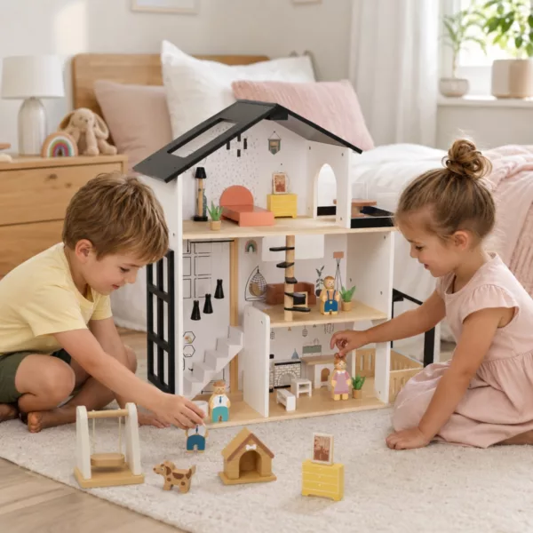 Дървена къща за кукли Tooky Toy с мебели и семейство за деца 3+