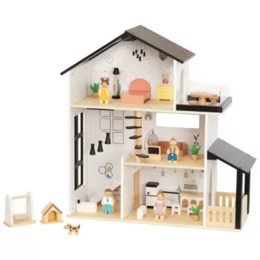 Дървена къща за кукли Tooky Toy с обзаведени стаи и семейство 3+