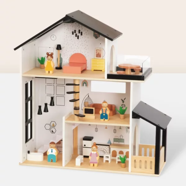Модерна дървена къща за кукли Tooky Toy с черен покрив и мебели