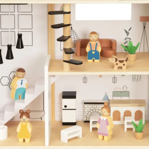 Интериор на дървена къща за кукли Tooky Toy с мебели и семейство