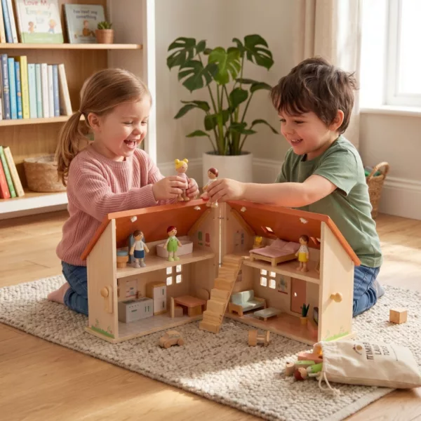 Дървено семейство за къща за кукли New Classic Toys с цветни фигурки за 3+