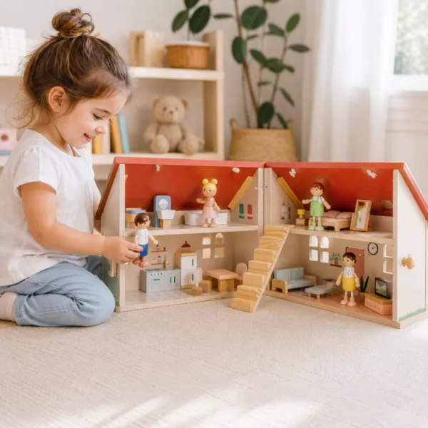 Дете играе с дървено семейство New Classic Toys в къща за кукли 3+