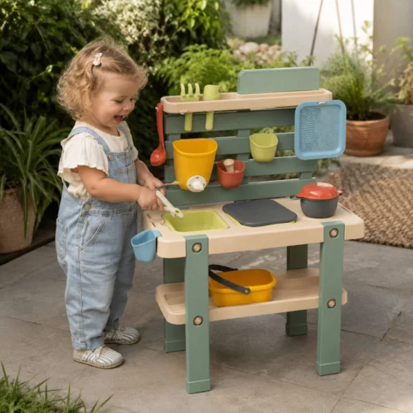 Малко дете играе с детска кухня Smoby за вода и пясък на двора