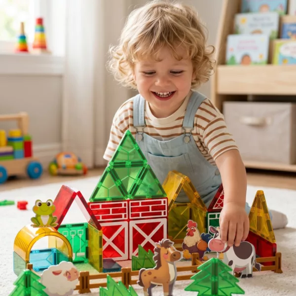 Дете играе с магнитен конструктор ферма Jolly с животни и цветни плочки