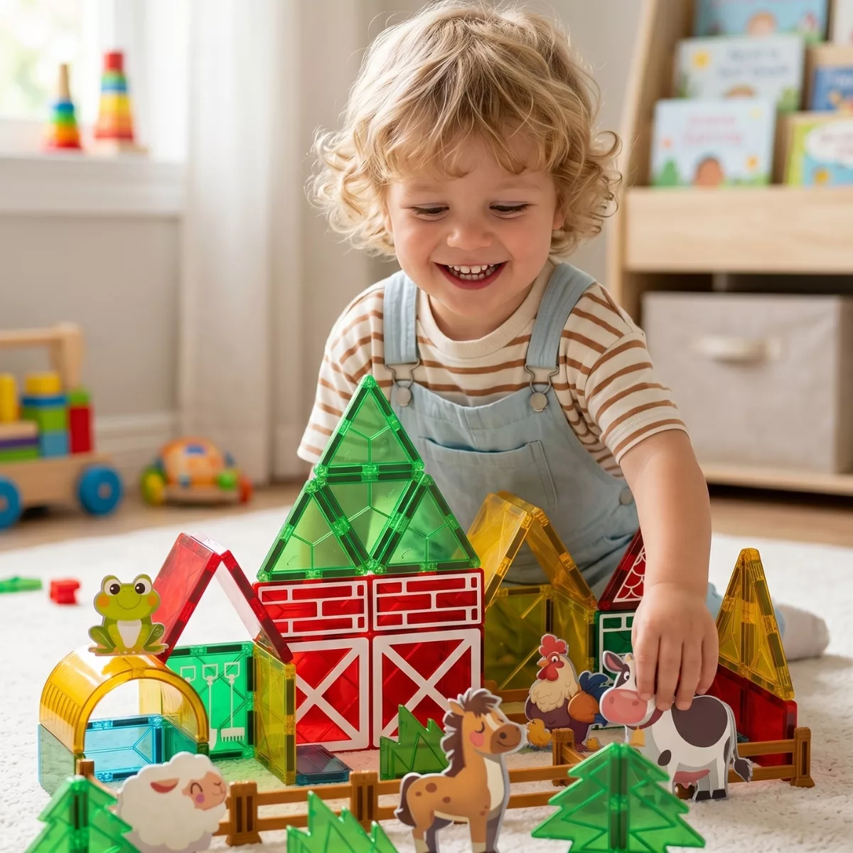 Дете играе с магнитен конструктор ферма Jolly с животни и цветни плочки