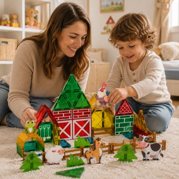 Родител и дете играят с магнитен конструктор ферма Jolly с животни 3+