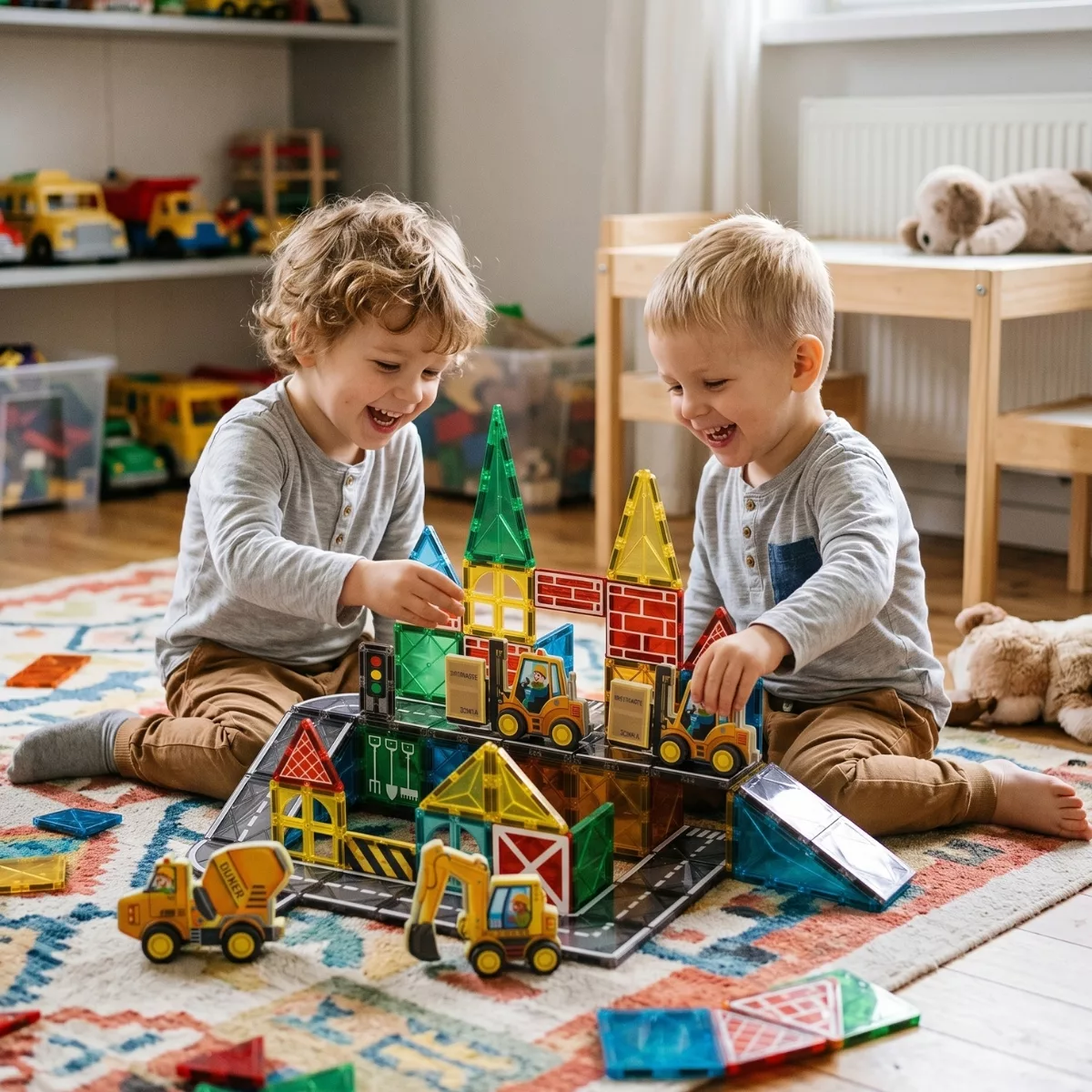 Две деца играят с магнитен конструктор Строителни машини Jolly у дома 3+