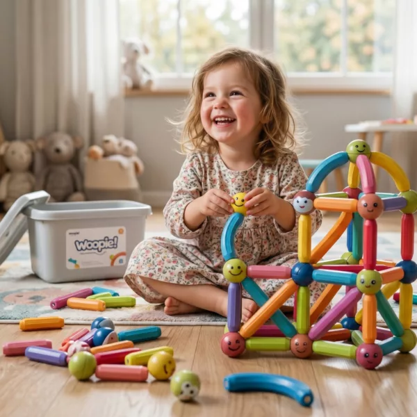 Момиче играе с магнитен конструктор Jolly с цветни пръчици и усмихнати топки