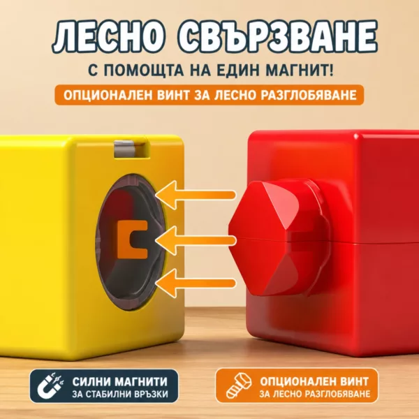 Магнитно свързване на цветни пластмасови релси за антигравитационно влакче Jolly