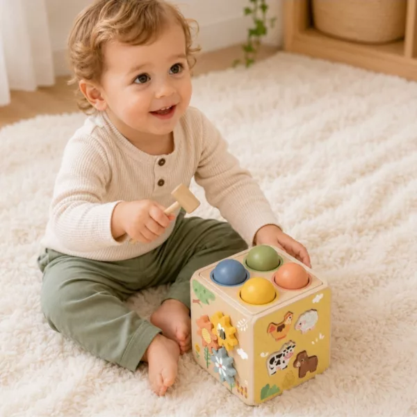 Монтесори дървен куб с активности Фермата Tooky Toy с чукче за деца 18м+