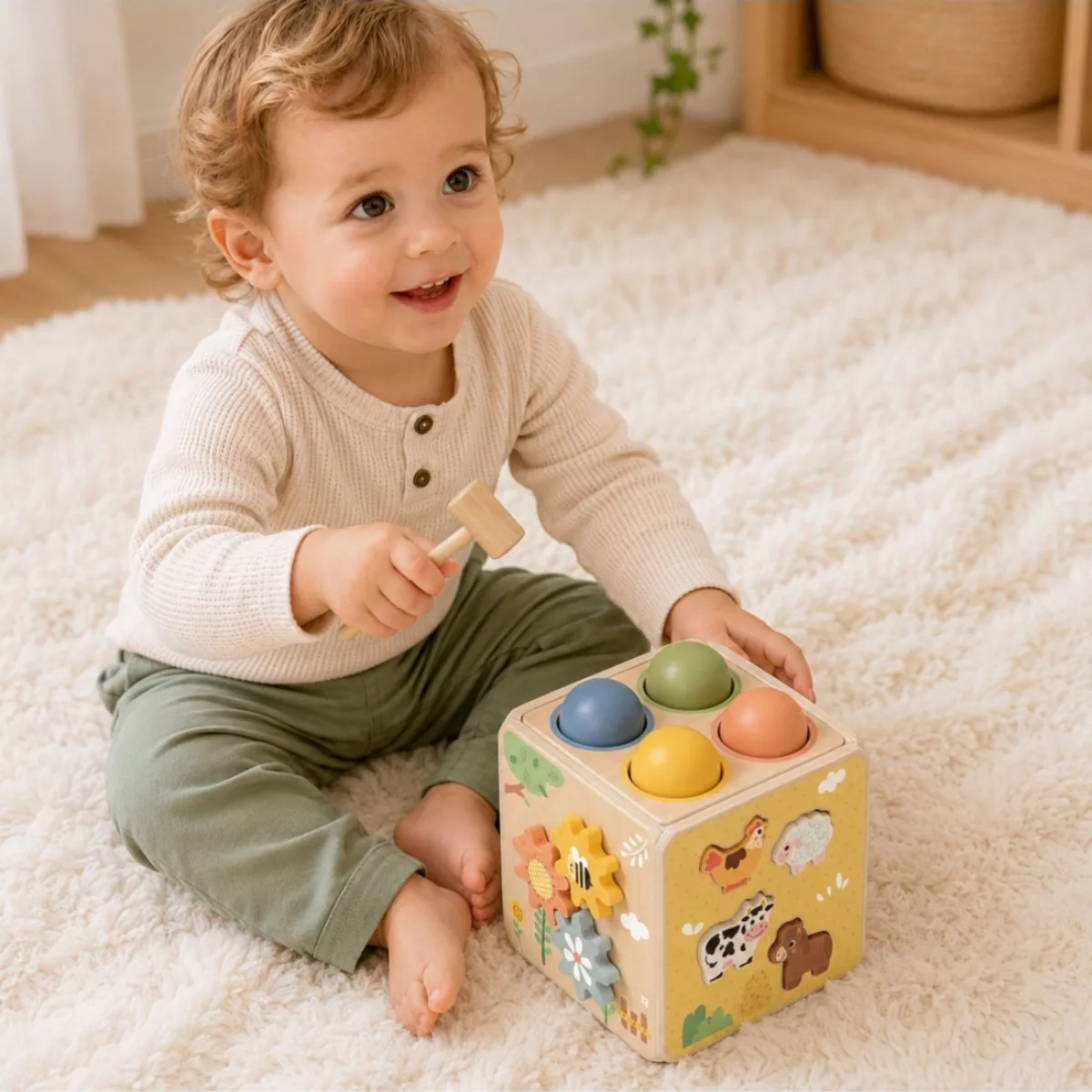 Монтесори дървен куб с активности Фермата Tooky Toy с чукче за деца 18м+