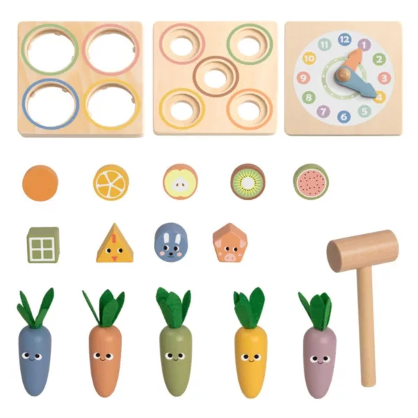 Дървен куб с активности Tooky Toy Фермата с моркови, форми и чукче 18м+