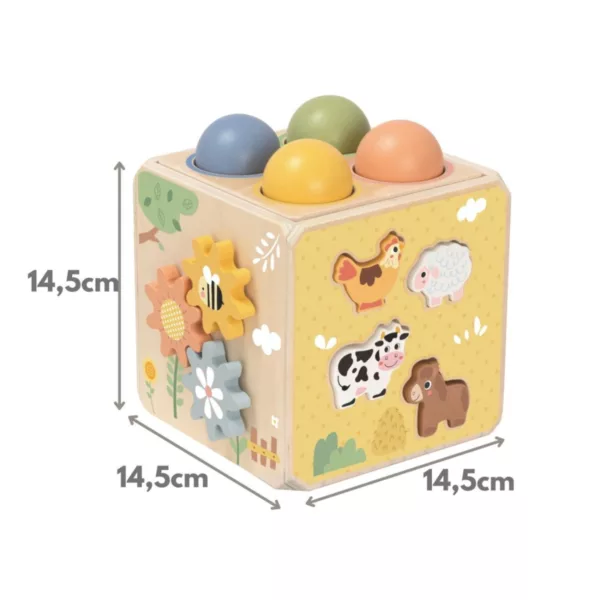 Монтесори дървен куб с активности Фермата Tooky Toy 14,5 см за деца 18м+