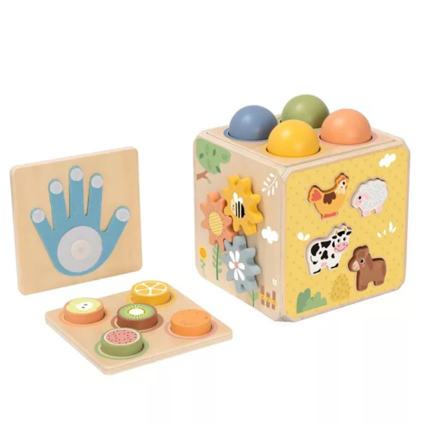 Дървен дидактически куб Фермата Tooky Toy с плодове и сензорна дъска 18м+