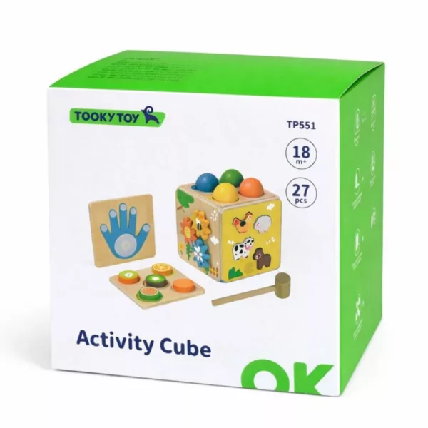 Монтесори дървен куб с активности Фермата Tooky Toy в зелена кутия 18м+