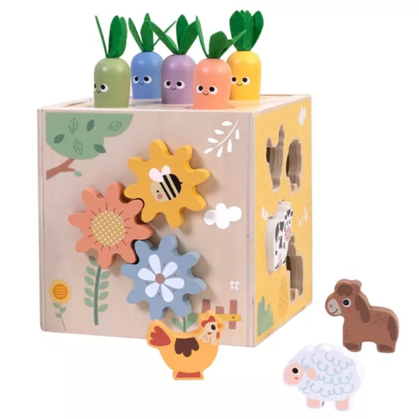 Дървен куб Фермата Tooky Toy със сортер животни и зъбни колела 18м+