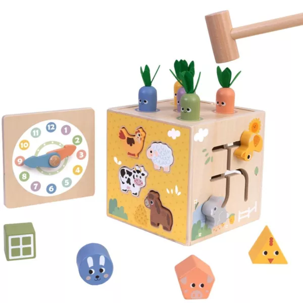 Монтесори дървен куб Tooky Toy с часовник, лабиринт, чукче и форми 18м+