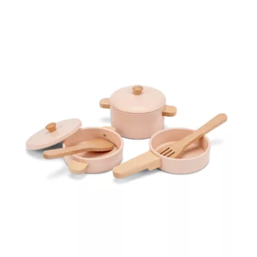 Розов детски дървен кухненски комплект New Classic Toys с тенджери и тигани за 3+