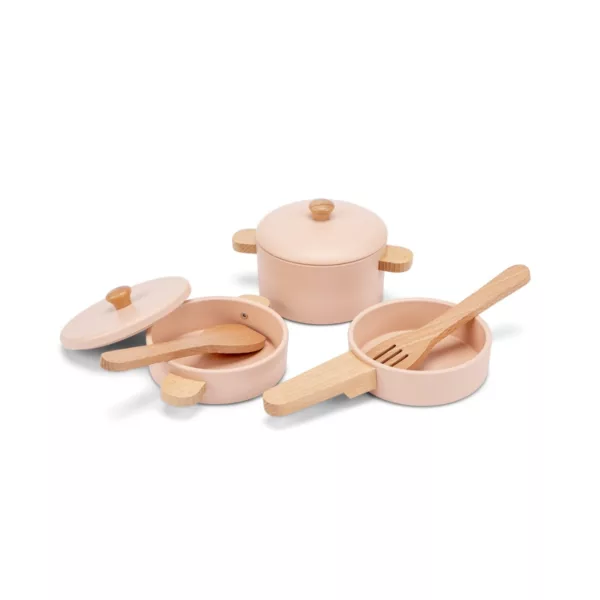 Розов детски дървен кухненски комплект New Classic Toys с тенджери и тигани за 3+