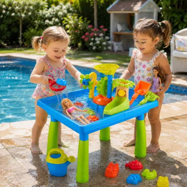 Две деца играят със сензорна водна маса Палма Jolly край басейн 3+