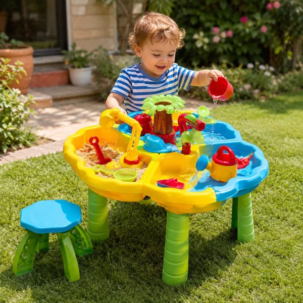 Момче играе със сензорна маса за пясък и вода Jolly в градината