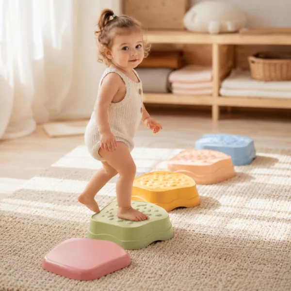 Дете играе с тактилни сензорни камъни Jolly за баланс у дома 18м+