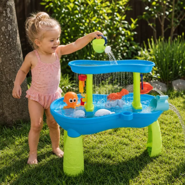 Момиче играе със сензорна водна маса Октопод Jolly в градината