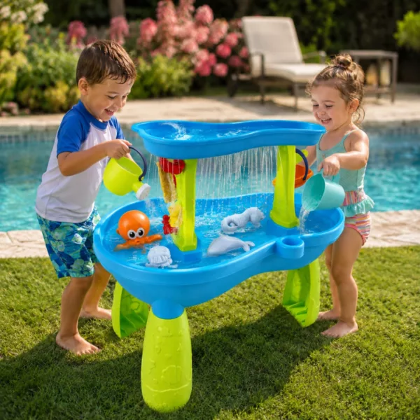 Деца играят с водна маса Октопод Jolly край басейн през лятото