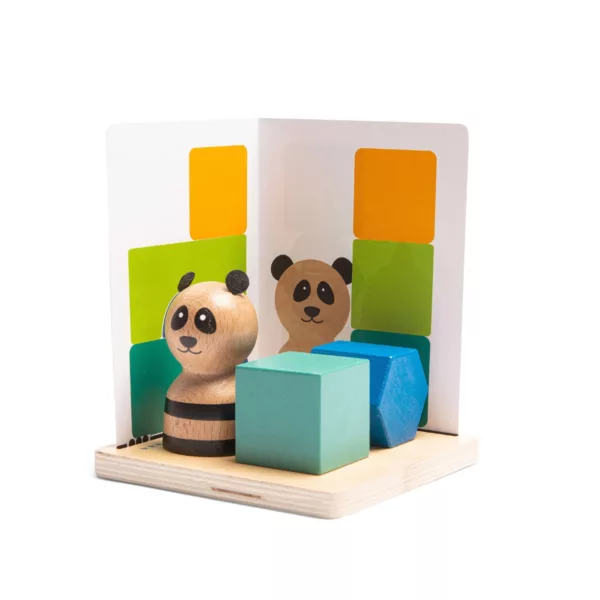 Дървен логически пъзел Панда BS Toys с огледални карти и сини блокчета