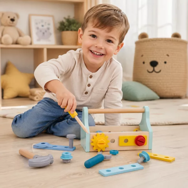 Дете играе с дървена кутия с инструменти Tooky Toy за фина моторика