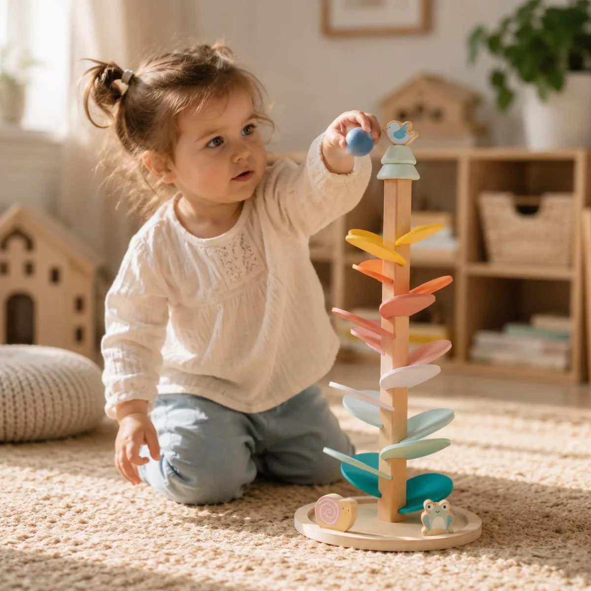 Дете пуска топче по дървено музикално дърво New Classic Toys в детска стая