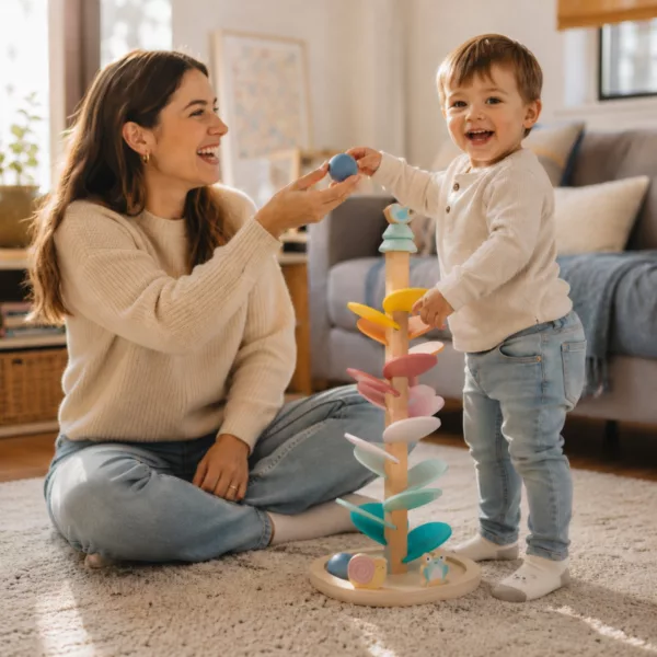 Майка и дете играят с дървено музикално дърво с топчета New Classic Toys