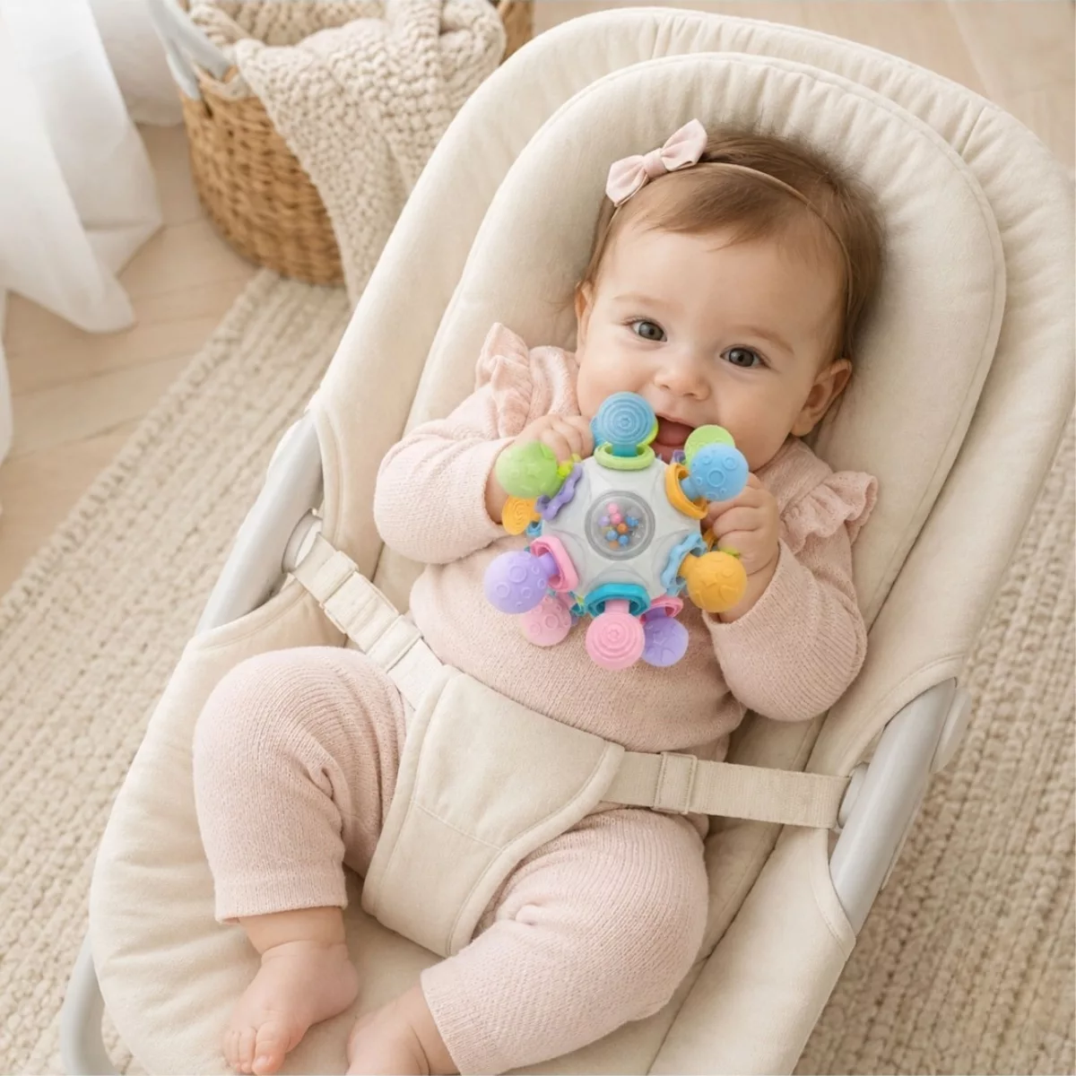 Бебе в шезлонг играе със сензорната топка Пъстри открития Jolly