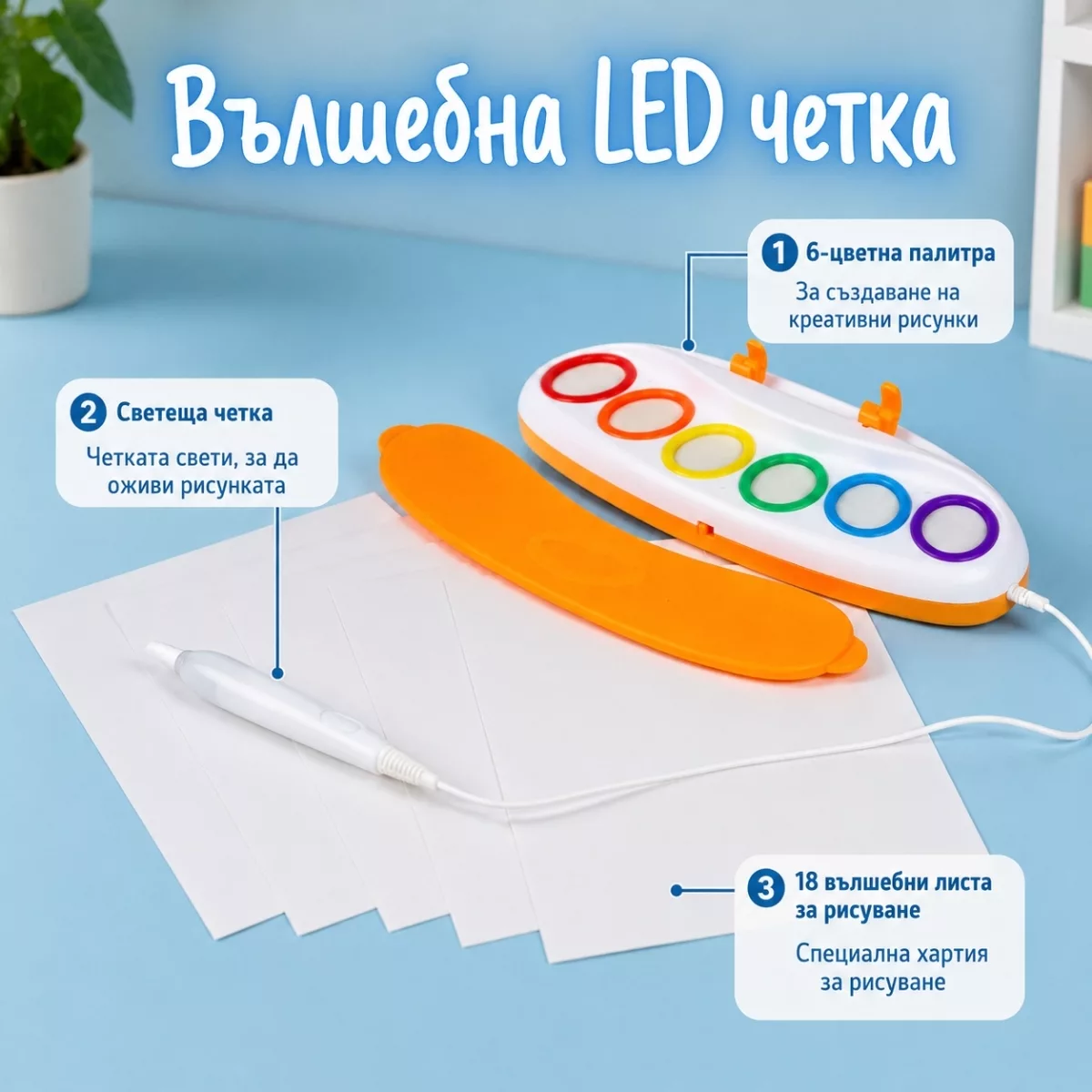 Съдържание на творческия комплект Jolly с LED четка, палитра и 18 листа