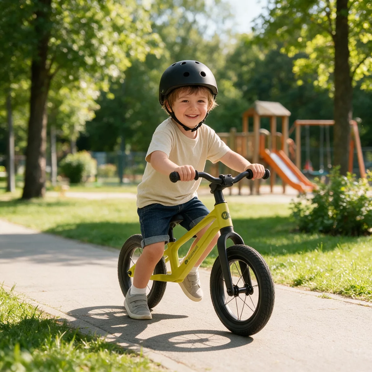 Момче кара зелено колело за баланс Kinderkraft ETER Lime в парка