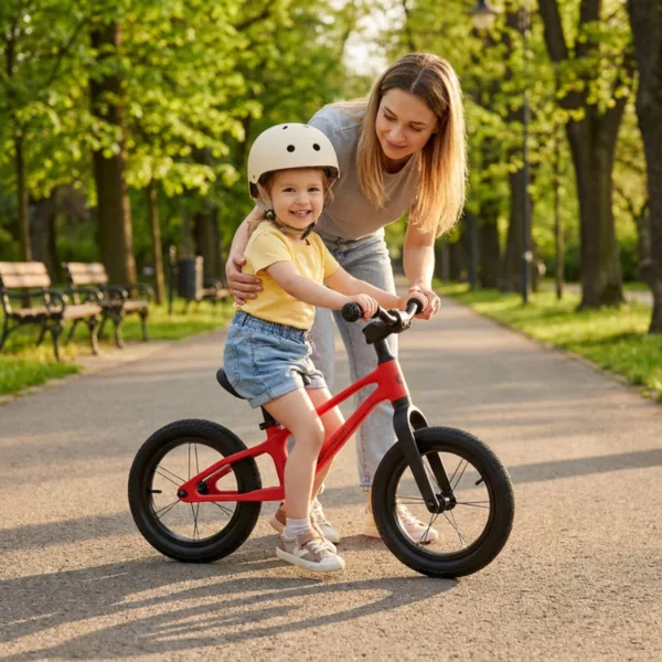 Майка помага на дете с червено колело Kinderkraft ETER Red от 2 години