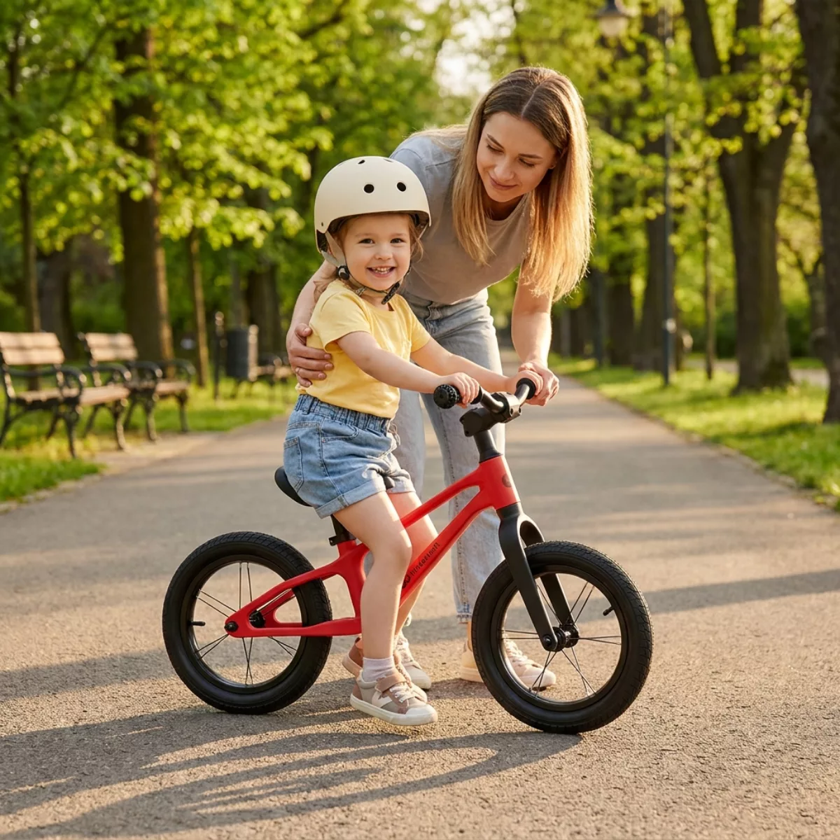 Майка помага на дете с червено колело Kinderkraft ETER Red от 2 години