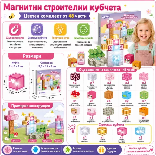 Магнитен конструктор Jolly от 48 цветни пластмасови кубчета със светлини за 3+ години