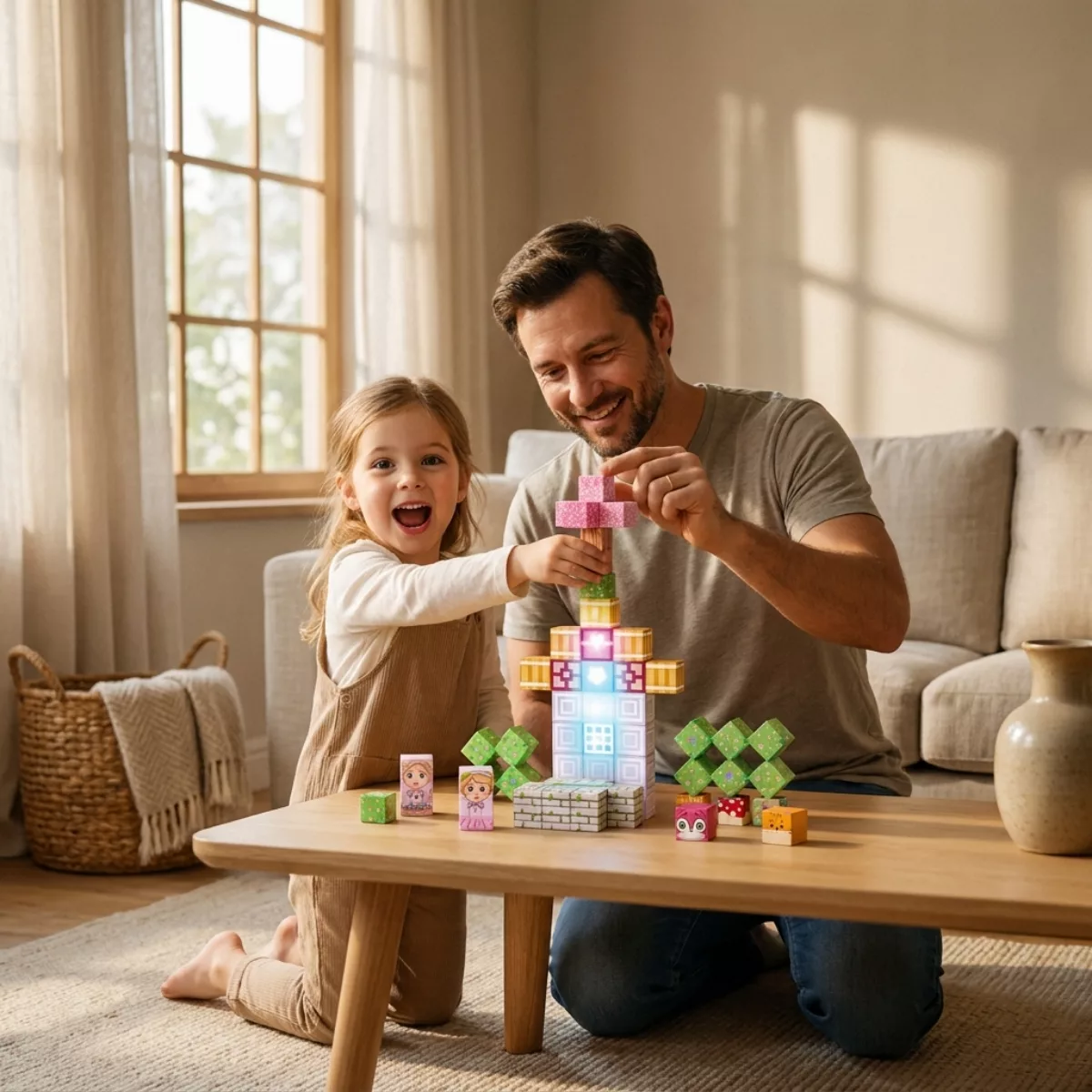 Баща и дъщеря строят приказен модел с пластмасов магнитен конструктор Jolly 3+